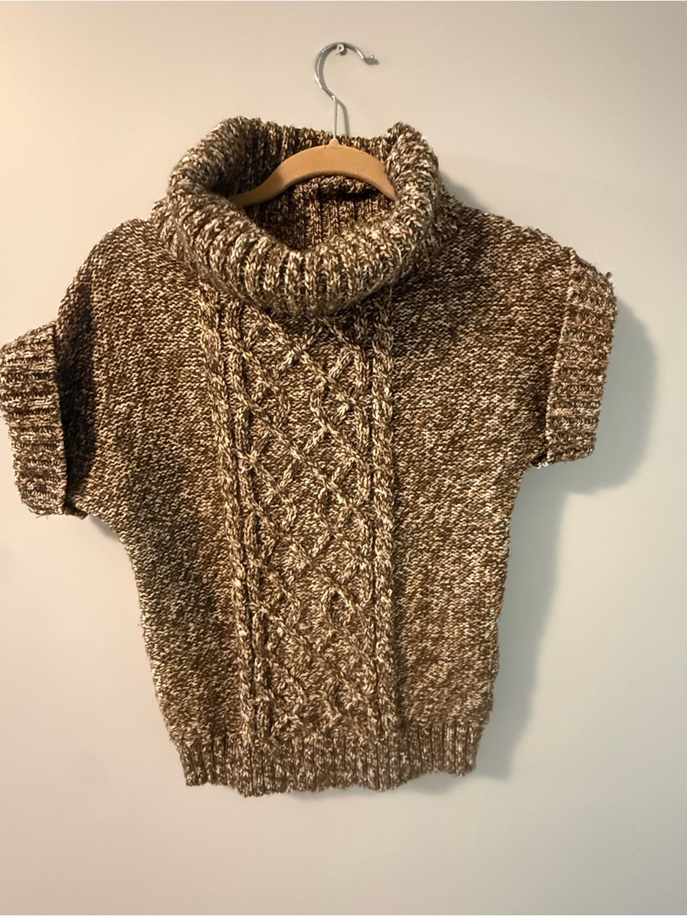 dressbarn Marled Brown & Cream Cable-Knit Turtleneck Short-Sleeve Sweater
